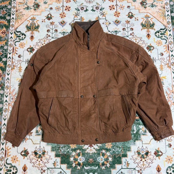 Vintage Formia Outdoor Brown Leather Jacket Men M Full Zip Button Up Plaid Lined - Picture 1 of 5